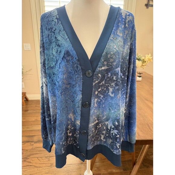 DG2 Diane Gilman Royal Blue Multi Clipped Jacquard Knit Cardigan Sweater NWT 1X - Picture 8 of 12